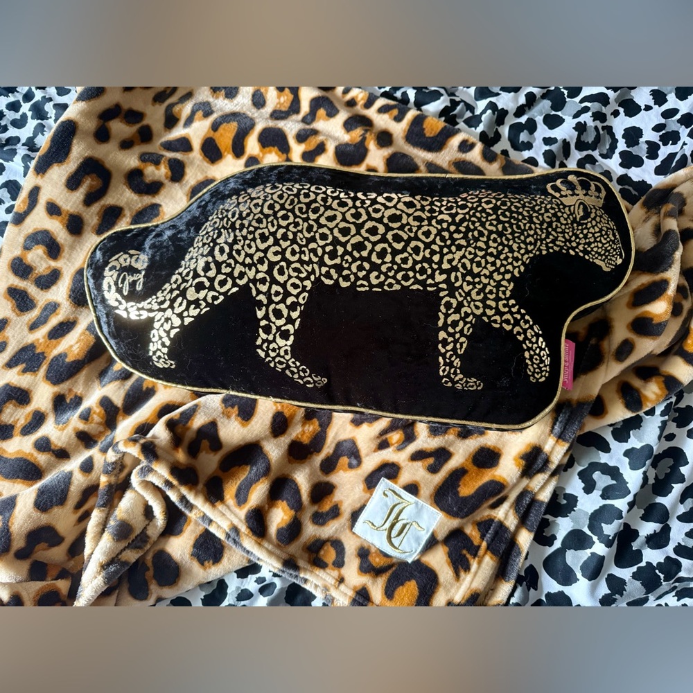 Juicy Couture leopard print blanket and throw pillow